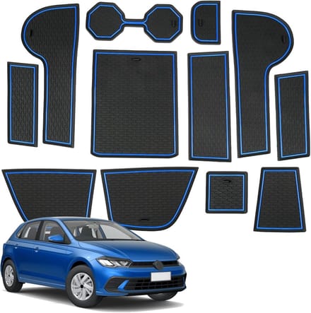 Non-slip rubberen matten voor VW Polo MK6 2017-2025, ideaal voor middenconsole, bekerhouder en deurgroeven, blauw
