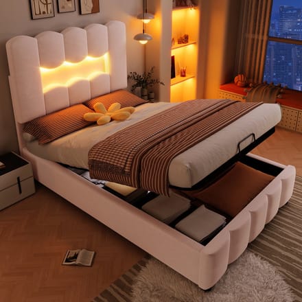Bed 90x200 cm - Met LED En Hydraulische Opbergruimte - Verstelbaar Hoofdbord - Fluweel - Roze