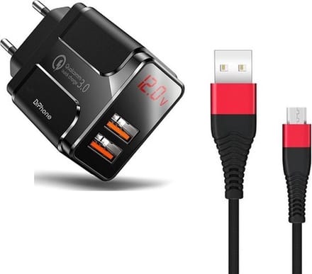 DrPhone ACC02 18W Thuislader - 2x USB 3.0 Qualcomm USB poorten met Digitale Display scherm + 1 Meter Micro USB Kabel - Zwart