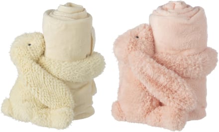 J-Line knuffelbeer Konijn + deken - polyester - roze/geel - set van 2