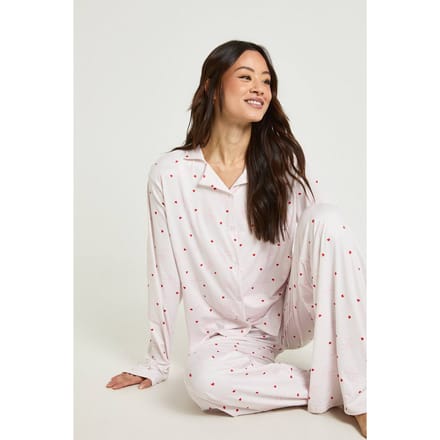 boohoo Dames Tall Bow & Hartprint Lange Mouw Top & Broek Pyjama Set | Lichtroze | Maat: 38