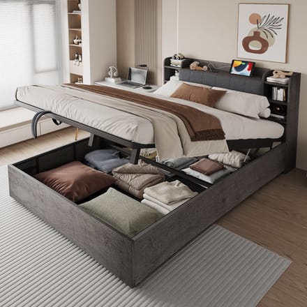 MODFU Bed Met Opbergruimte - Hydraulische Opbergruimte En USB-C-Aansluiting - Modern - Slaapkamer - MDF - Grijs - 180 x 200 cm