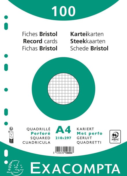 Exacompta 10x Pak 100 steekkaarten in folie - bristol geruit 5x5 geperforeerd - 210x297mm - Wit - 10606E