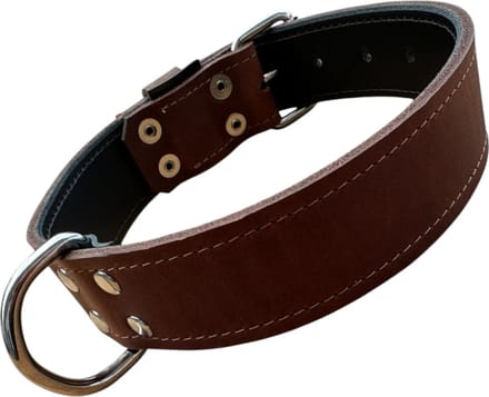 K9 World, honden halsband, donker bruin leder, dubbel gestikt, 4cm breed, 55-65cm