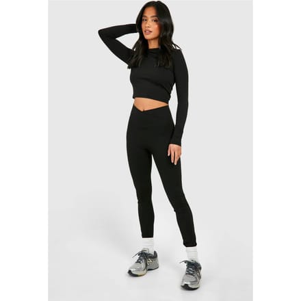 boohoo Dames Petite Super Soft Peached V-middenband Legging | Black | Maat: XL