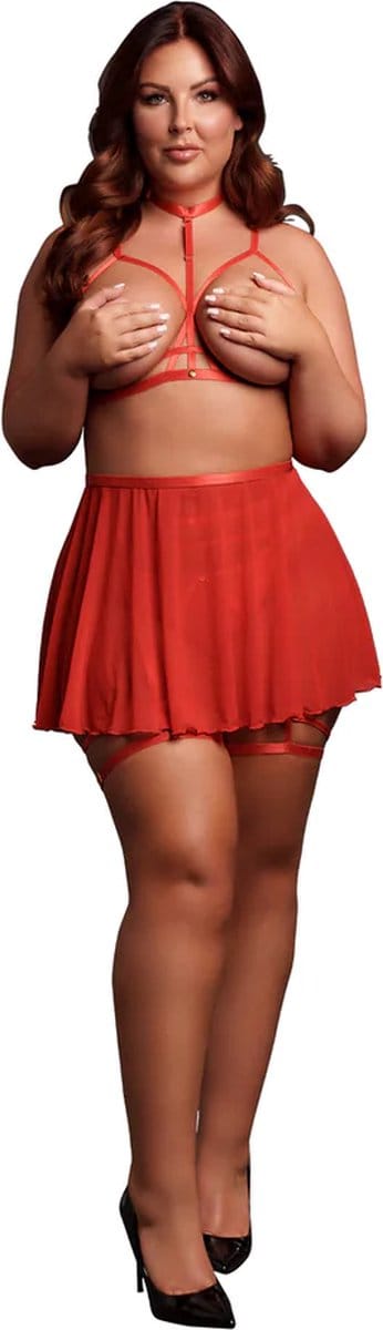 4 Piece Set with Bra, Panty, Double Strap Garter Belt and Peek-A-Boo Mesh Skirt - Plus Size - Red