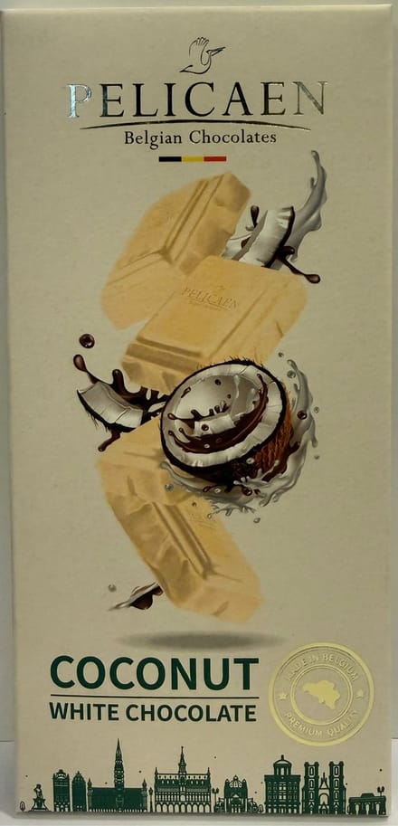 Pelicaen Belgian Chocolates - Chocoladereep - Witte Chocolade + Kokosnoot - 100g x 12