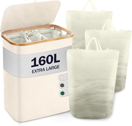 Wasmand met deksel en 3 vakken - beige - bamboe - 160 liter