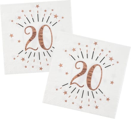 Verjaardag feest servetten leeftijd - 20x - 20 jaar - rose goud - 33 x 33 cm