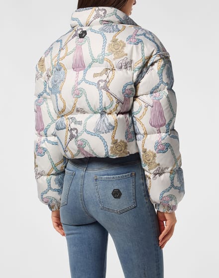 Nylon Cropped Down Puffer Jacket Tassels