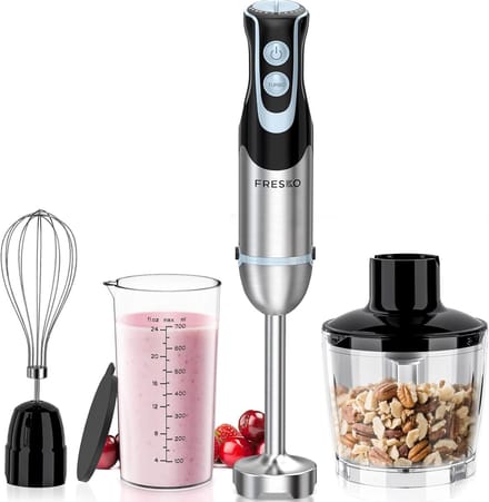 4-in-1 Staafmixer - 1000W Motor - 12 Snelheden - Turbofunctie - Roestvrijstalen Messen - Maatbeker - Hakmolen - Garde - Mengopzetstuk - Spatwaterdicht