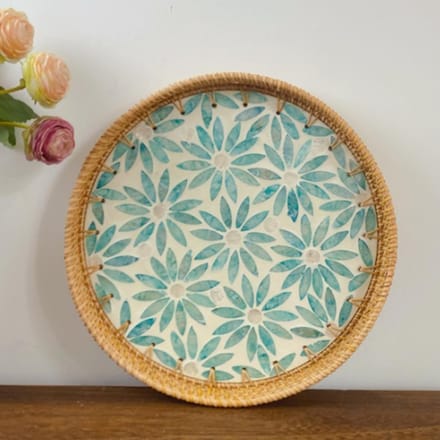 Rieten Geweven Serveerblad Rond Decoratief Natuurlijk Rieten Schelp Fruit Dessert Snackbord voor gray