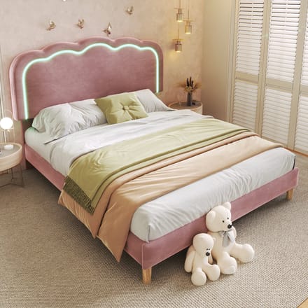 REDOM Bedframe 140x200 cm – Fluweel roze – Met verstelbaar LED-hoofdeinde (muziekmodus) – Modern