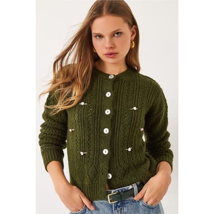 Gegokt Brei Cardigan met Knopen Sluiting