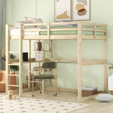 Sweiko Hoogslaper - 140 x 200 cm - met bureau - opbergplank - kinderbed - Natuurlijke