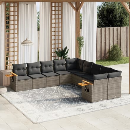 vidaXL - 10-delige - Loungeset - met - kussens - poly - rattan - grijs