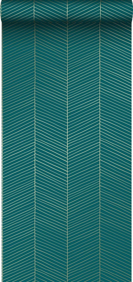 ESTAhome behang visgraat-motief smaragd groen en goud - 53 cm x 10.05 m - 139200