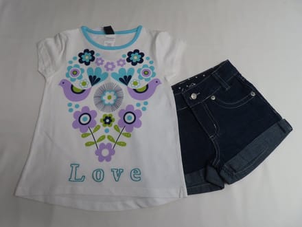 Ensemble - Meisje - Tshirt wit met tekening en een jeans shortje - 4 jaar 104