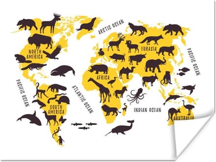 Poster - Wereldkaart - Dieren - Geel - 40x30 cm