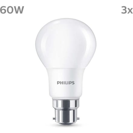 Ampoule LED - PHILIPS - 60 W - B22 - Blanc chaud - Dépolie - Non-Dimmable - 3 pieces