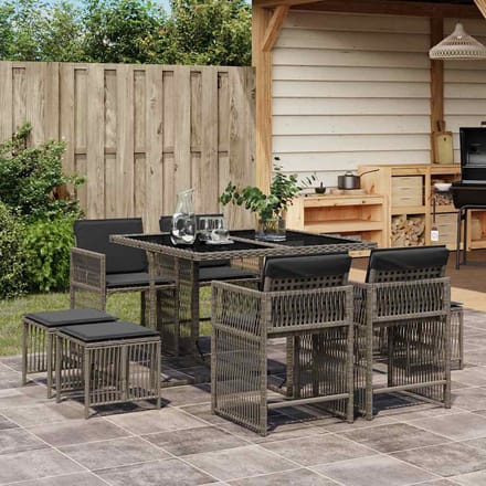 vidaXL - 9-delige - Tuinset - met - kussens - poly - rattan - grijs
