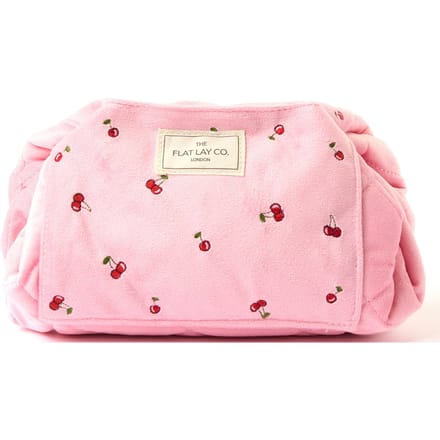 The Flat Lay Co. Drawstring Flat Lay Makeup Bag - Ditsy Cherries Pink Embroidered Velvet