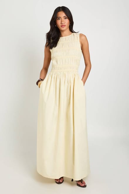 boohoo Dames Katoenen Poplin Gesmockte Maxi Jurk | Citroen | Maat: 38