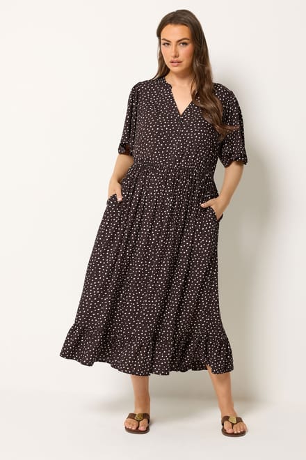 Yours Bruine Maxijurk Met Stippenprint En Inkeping In De Hals Size 46