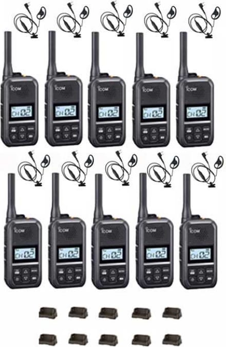 Set van 10 Icom IC-U20SR IP54 mini Portofoon met tafel lader en D-shape oortje