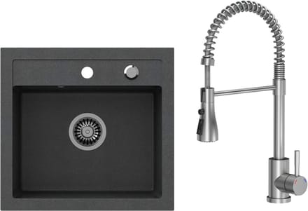 Complete Spoelbak Set met Kraan Zwart Composiet Inbouw - Enkele Bak