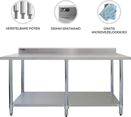 Rvs horecawerktafel - zilver - 213cm breed - incl. 2 doeken