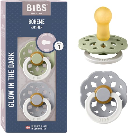 BIBS Boheme Glow Fopspeen - 0-6 mnd - 2-pack - Rond - Sage/Cloud