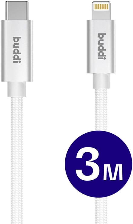 Buddi Flex | USB-C naar Lightning Kabel 20W Fast Charge | Power Delivery | 480Mbps Dataoverdracht | Gevlochten Nylon | 3M | 3 Meter | Wit