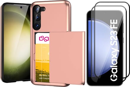 Hoesje met Pasjeshouder geschikt voor Samsung Galaxy S23 FE - 2x Screen Protector FullGuard - Back Cover SlideCase Roségoud & Screenprotector