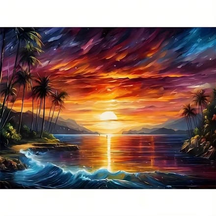 diamond painting zonsondergang tussen het gebergte over het water spiegelend 40 x 50 cm