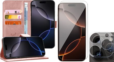 Hoesje geschikt voor iPhone 16 Pro - Screenprotector Glas & Camera - Portemonnee Book Case Rosegoud