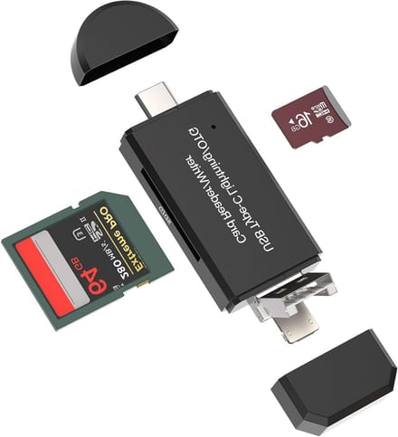 4-in-1 SD en Micro SD Kaartlezer Adapter voor USB-C en Lightning - Geschikt voor iPhone 15 Pro MAX, iPad en MacBook Air - Compacte Geheugenoplossing