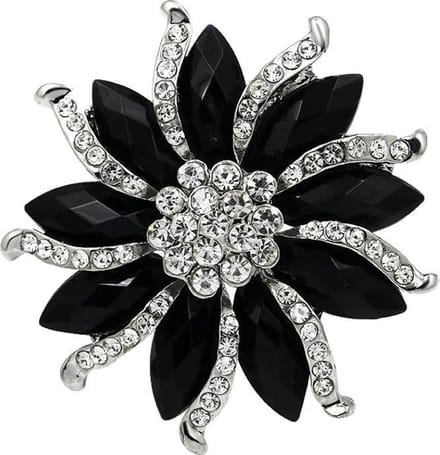 Fako Bijoux - Broche - Bloem - Ster - Kristal - Zwart - 57mm - Zilverkleurig