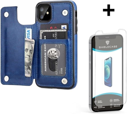 ShieldCase Wallet case geschikt voor Apple iPhone 12 Mini - 5.4 inch - ruimte voor pasjes - pasjeshouder - portemonnee - blauw + glazen Screen Protector