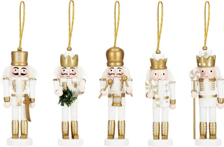 Springos Notenkraker Kerst | Houten Soldaat | Kerstversiering | 5 Stuks | Goud/Wit | 12,5 cm