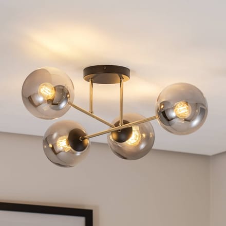 Emibig 4 lamps E14 stijlvolle plafondlamp messing met zwart en fumé bollen - Perfect voor een moderne uitstraling in uw interieur