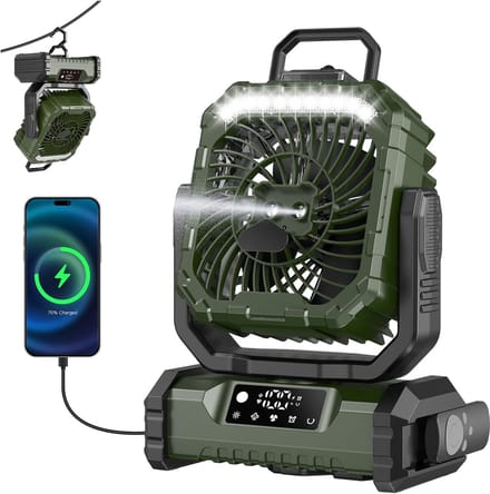 20000mAh camping mistventilator met licht, 90 ° automatisch oscillerende oplaadbare batterijgevoede draagbare mistventilator, 29dB stille bureauventilator voor tent, camper, barbecue, reizen