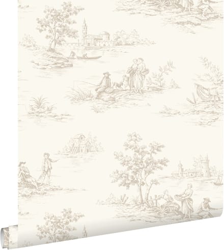 ESTAhome behang toile de jouy print gebroken wit - 50 x 900 cm - 132107