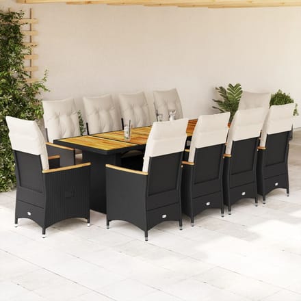 vidaXL - 11-delige - Bistroset - met - kussens - poly - rattan - zwart