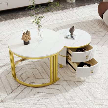 Salontafelset 70/50 cm - Hoogglans en Marmerlook Blad - 2 Laden - MDF - Wit