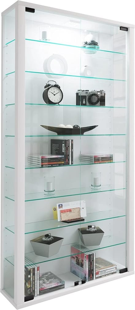Wandvitrine met glazen deuren en verstelbare planken - Muur showcase in wit