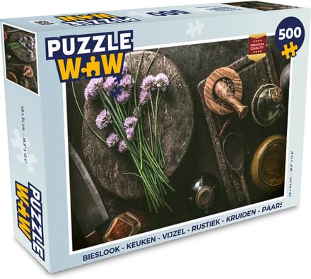 Puzzel Bieslook - Keuken - Vijzel - Rustiek - Kruiden - Paars - Legpuzzel - Puzzel 500 stukjes