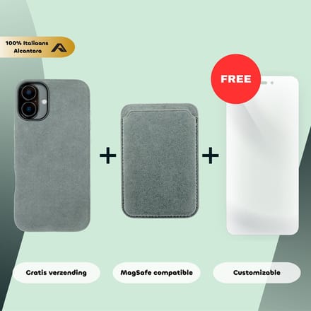iPhone 16 Plus – Alcantara Case + MagSafe Wallet + Gratis Screenprotector | Nardo Grey