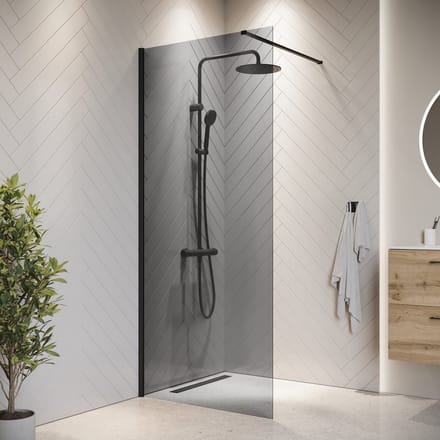 Badplaats Douchewand Rizani 100 x 200 cm – Zwart – Rookglas Inloopdouche 8 mm Veiligheidsglas