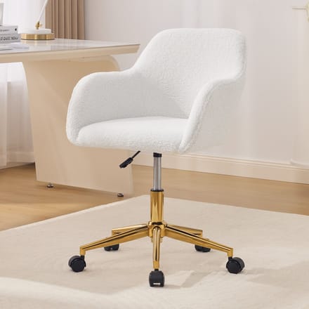 Clruro Bureaustoel - 360° Draaibaar - Hoogteverstelbaar met Gouden Poten - Teddyfleece - Wit